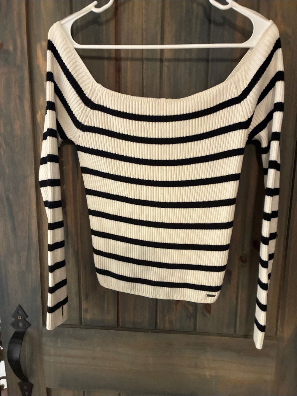 Hollister Striped Off-Shoulder Ribbed Sweater - Black & White